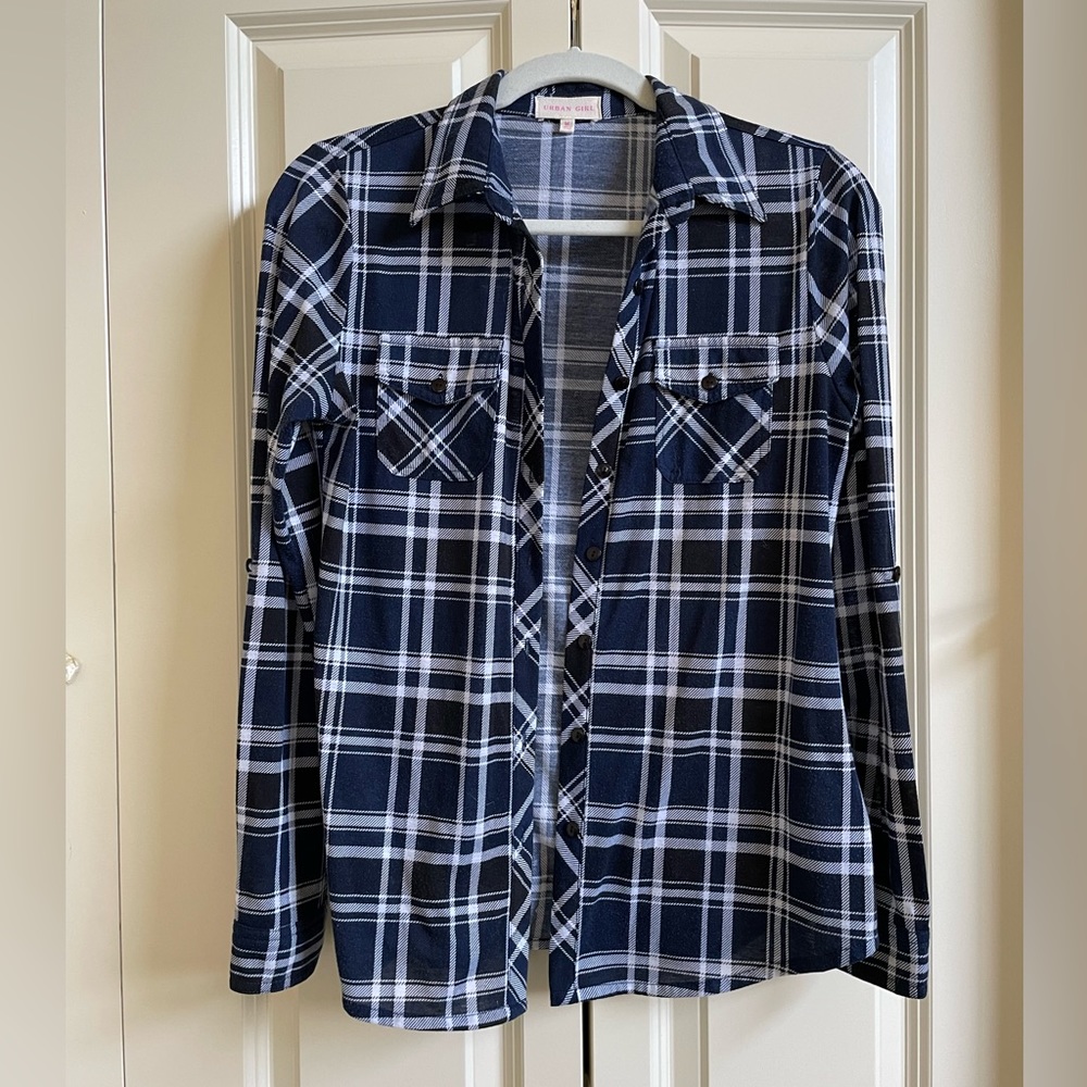 Urban Girl long sleeve button down Blue plaid shirt, medium